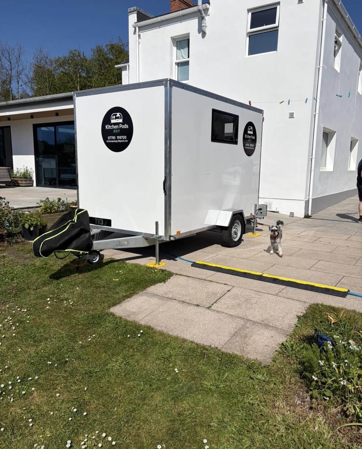 Modern mobile kitchen pod parked at a Guernsey property